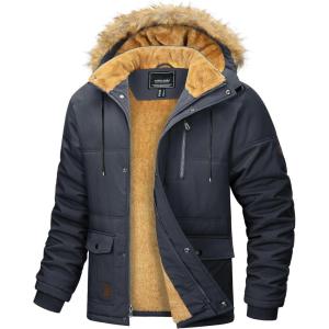 imageMAGCOMSEN Mens Fleece Lined Parka Jacket Hooded Puffer Jacket Warm Winter Coat Thicken Fur Jackets Windproof CoatsDark Grey