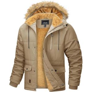 imageMAGCOMSEN Mens Fleece Lined Parka Jacket Hooded Puffer Jacket Warm Winter Coat Thicken Fur Jackets Windproof CoatsKhaki