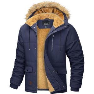 imageMAGCOMSEN Mens Fleece Lined Parka Jacket Hooded Puffer Jacket Warm Winter Coat Thicken Fur Jackets Windproof CoatsNavy