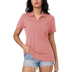 imageMAGCOMSEN Womens Polo Shirts Cotton Short Sleeve VNeck Collared Tops Golf Shirt Work Casual Summer TeeAsh Pink