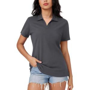 imageMAGCOMSEN Womens Polo Shirts Cotton Short Sleeve VNeck Collared Tops Golf Shirt Work Casual Summer TeeDark Gray