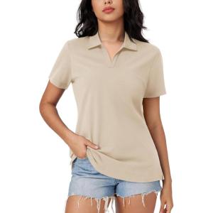 imageMAGCOMSEN Womens Polo Shirts Cotton Short Sleeve VNeck Collared Tops Golf Shirt Work Casual Summer TeeKhaki