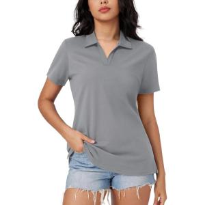 imageMAGCOMSEN Womens Polo Shirts Cotton Short Sleeve VNeck Collared Tops Golf Shirt Work Casual Summer TeeLight Gray