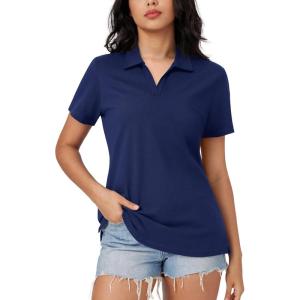 imageMAGCOMSEN Womens Polo Shirts Cotton Short Sleeve VNeck Collared Tops Golf Shirt Work Casual Summer TeeNavy Blue