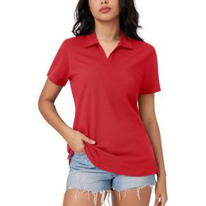 imageMAGCOMSEN Womens Polo Shirts Cotton Short Sleeve VNeck Collared Tops Golf Shirt Work Casual Summer TeeTomato Red
