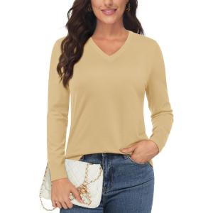 imageMAGCOMSEN Womens V Neck Sweater 2024 Spring Casual Long Sleeve Tops Knit Lightweight Pullover Sweaters JumperApricot