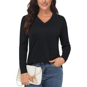 imageMAGCOMSEN Womens V Neck Sweater 2024 Spring Casual Long Sleeve Tops Knit Lightweight Pullover Sweaters JumperBlack