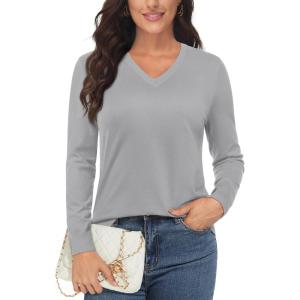 imageMAGCOMSEN Womens V Neck Sweater 2024 Spring Casual Long Sleeve Tops Knit Lightweight Pullover Sweaters JumperLight Grey