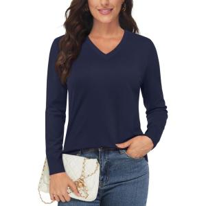 imageMAGCOMSEN Womens V Neck Sweater 2024 Spring Casual Long Sleeve Tops Knit Lightweight Pullover Sweaters JumperNavy