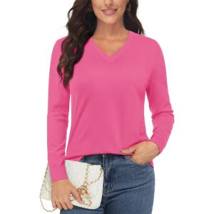imageMAGCOMSEN Womens V Neck Sweater 2024 Spring Casual Long Sleeve Tops Knit Lightweight Pullover Sweaters JumperRose Red