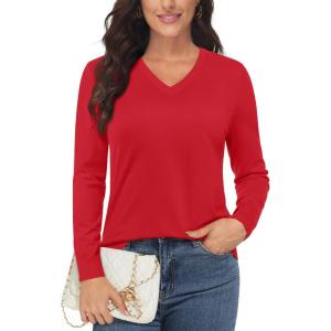 imageMAGCOMSEN Womens V Neck Sweater 2024 Spring Casual Long Sleeve Tops Knit Lightweight Pullover Sweaters JumperTomato Red
