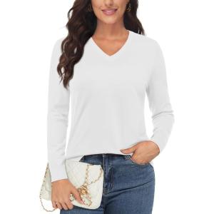 imageMAGCOMSEN Womens V Neck Sweater 2024 Spring Casual Long Sleeve Tops Knit Lightweight Pullover Sweaters JumperWhite