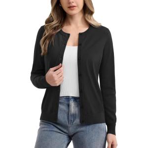 imageMAGCOMSEN Womens Cardigan Sweaters Lightweight Knit Soft Crew Neck Long Sleeve Open Front Button Spring Casual CardiganBlack