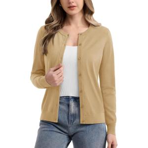 imageMAGCOMSEN Womens Cardigan Sweaters Lightweight Knit Soft Crew Neck Long Sleeve Open Front Button Spring Casual CardiganCamel