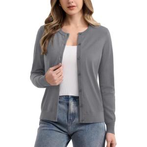 imageMAGCOMSEN Womens Cardigan Sweaters Lightweight Knit Soft Crew Neck Long Sleeve Open Front Button Spring Casual CardiganDark Gray