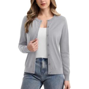 imageMAGCOMSEN Womens Cardigan Sweaters Lightweight Knit Soft Crew Neck Long Sleeve Open Front Button Spring Casual CardiganLight Gray