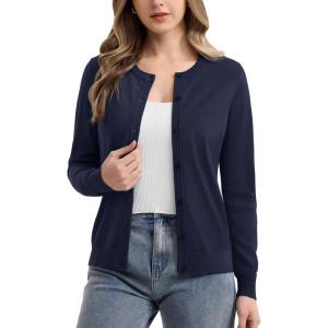 imageMAGCOMSEN Womens Cardigan Sweaters Lightweight Knit Soft Crew Neck Long Sleeve Open Front Button Spring Casual CardiganNavy Blue