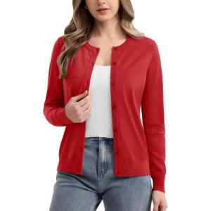 imageMAGCOMSEN Womens Cardigan Sweaters Lightweight Knit Soft Crew Neck Long Sleeve Open Front Button Spring Casual CardiganTomato Red
