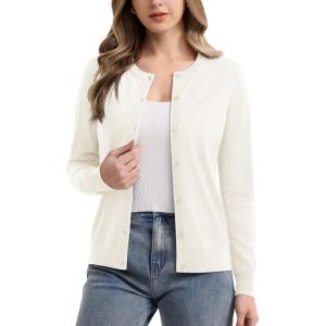 imageMAGCOMSEN Womens Cardigan Sweaters Lightweight Knit Soft Crew Neck Long Sleeve Open Front Button Spring Casual CardiganWhite