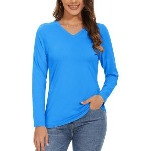 imageMAGCOMSEN Womens Long Sleeve Shirts V Neck Cotton Basic Tee Soft Breathable Casual Tops CassicFit TShirtAzure Blue