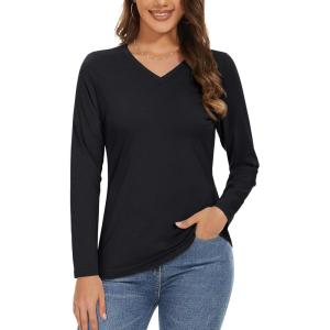 imageMAGCOMSEN Womens Long Sleeve Shirts V Neck Cotton Basic Tee Soft Breathable Casual Tops CassicFit TShirtBlack