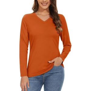 imageMAGCOMSEN Womens Long Sleeve Shirts V Neck Cotton Basic Tee Soft Breathable Casual Tops CassicFit TShirtDark Orange