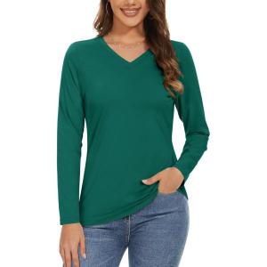 imageMAGCOMSEN Womens Long Sleeve Shirts V Neck Cotton Basic Tee Soft Breathable Casual Tops CassicFit TShirtEmerald Green