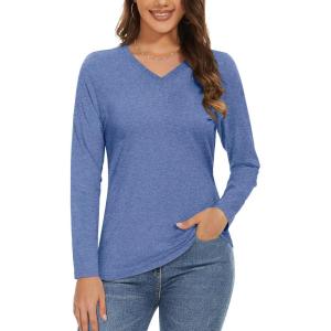 imageMAGCOMSEN Womens Long Sleeve Shirts V Neck Cotton Basic Tee Soft Breathable Casual Tops CassicFit TShirtGrey Blue