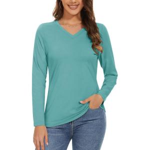 imageMAGCOMSEN Womens Long Sleeve Shirts V Neck Cotton Basic Tee Soft Breathable Casual Tops CassicFit TShirtGrey Green