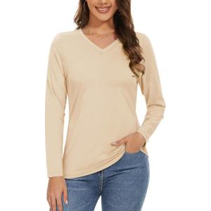 imageMAGCOMSEN Womens Long Sleeve Shirts V Neck Cotton Basic Tee Soft Breathable Casual Tops CassicFit TShirtLight Apricot