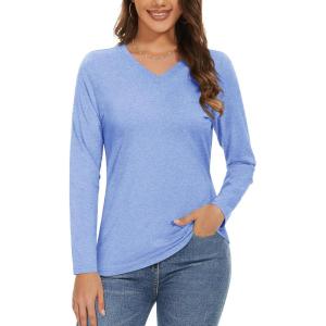 imageMAGCOMSEN Womens Long Sleeve Shirts V Neck Cotton Basic Tee Soft Breathable Casual Tops CassicFit TShirtLight Blue