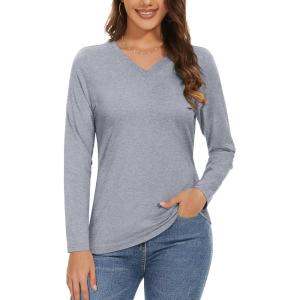 imageMAGCOMSEN Womens Long Sleeve Shirts V Neck Cotton Basic Tee Soft Breathable Casual Tops CassicFit TShirtLight Grey