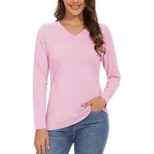 imageMAGCOMSEN Womens Long Sleeve Shirts V Neck Cotton Basic Tee Soft Breathable Casual Tops CassicFit TShirtLight Pink