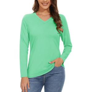 imageMAGCOMSEN Womens Long Sleeve Shirts V Neck Cotton Basic Tee Soft Breathable Casual Tops CassicFit TShirtMint Green