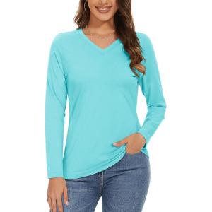 imageMAGCOMSEN Womens Long Sleeve Shirts V Neck Cotton Basic Tee Soft Breathable Casual Tops CassicFit TShirtPale Blue