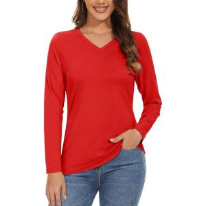 imageMAGCOMSEN Womens Long Sleeve Shirts V Neck Cotton Basic Tee Soft Breathable Casual Tops CassicFit TShirtTomato Red