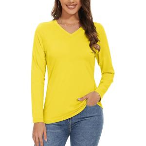 imageMAGCOMSEN Womens Long Sleeve Shirts V Neck Cotton Basic Tee Soft Breathable Casual Tops CassicFit TShirtYellow