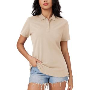imageMAGCOMSEN Womens Polo Shirts Cotton 3Button Short Sleeve Collared Tops Summer Cool Shirt Uniform Casual ShirtsKhaki