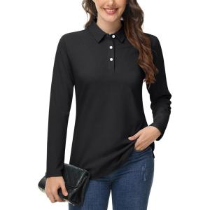 imageMAGCOMSEN Womens Polo Shirts Long Sleeve 3Button Cotton Cool Shirts Wicking Casual Business Collared Shirts TopsBlack