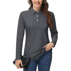 imageMAGCOMSEN Womens Polo Shirts Long Sleeve 3Button Cotton Cool Shirts Wicking Casual Business Collared Shirts TopsDark Gray
