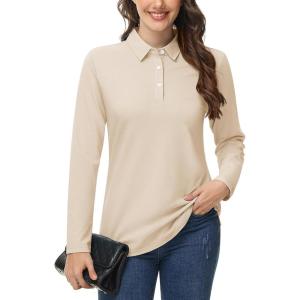 imageMAGCOMSEN Womens Polo Shirts Long Sleeve 3Button Cotton Cool Shirts Wicking Casual Business Collared Shirts TopsKhaki