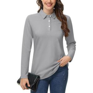 imageMAGCOMSEN Womens Polo Shirts Long Sleeve 3Button Cotton Cool Shirts Wicking Casual Business Collared Shirts TopsLight Gray