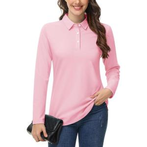 imageMAGCOMSEN Womens Polo Shirts Long Sleeve 3Button Cotton Cool Shirts Wicking Casual Business Collared Shirts TopsLight Pink