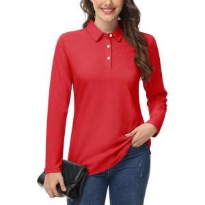 imageMAGCOMSEN Womens Polo Shirts Long Sleeve 3Button Cotton Cool Shirts Wicking Casual Business Collared Shirts TopsTomato Red