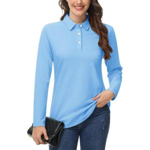 imageMAGCOMSEN Womens Polo Shirts Long Sleeve 3Button Cotton Cool Shirts Wicking Casual Business Collared Shirts TopsWaterfall Blue