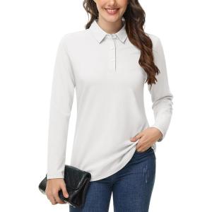 imageMAGCOMSEN Womens Polo Shirts Long Sleeve 3Button Cotton Cool Shirts Wicking Casual Business Collared Shirts TopsWhite