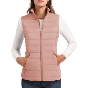 imageMAGCOMSEN Womens Puffer Vest Lightweight Stand Collar Zip 4 Pockets Puffy Vests Sleeveless Quilted Padded OuterwearApricot