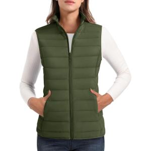 imageMAGCOMSEN Womens Puffer Vest Lightweight Stand Collar Zip 4 Pockets Puffy Vests Sleeveless Quilted Padded OuterwearArmy Green
