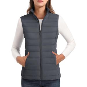 imageMAGCOMSEN Womens Puffer Vest Lightweight Stand Collar Zip 4 Pockets Puffy Vests Sleeveless Quilted Padded OuterwearDark Grey