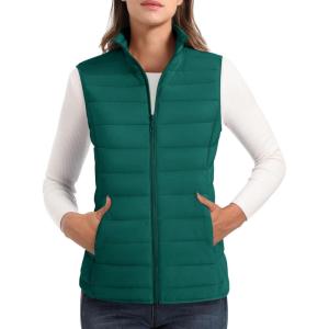 imageMAGCOMSEN Womens Puffer Vest Lightweight Stand Collar Zip 4 Pockets Puffy Vests Sleeveless Quilted Padded OuterwearEmerald Green